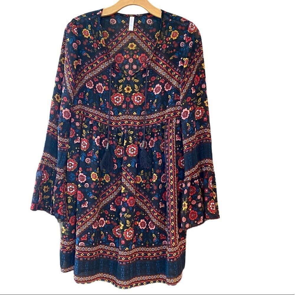 Xhilaration S Black Yellow Blue Gypsy BOHO Wildflowers Oversized Sheer Dress